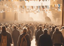 A crowd of pilgrims walks to a church, the site of their pilgrimage