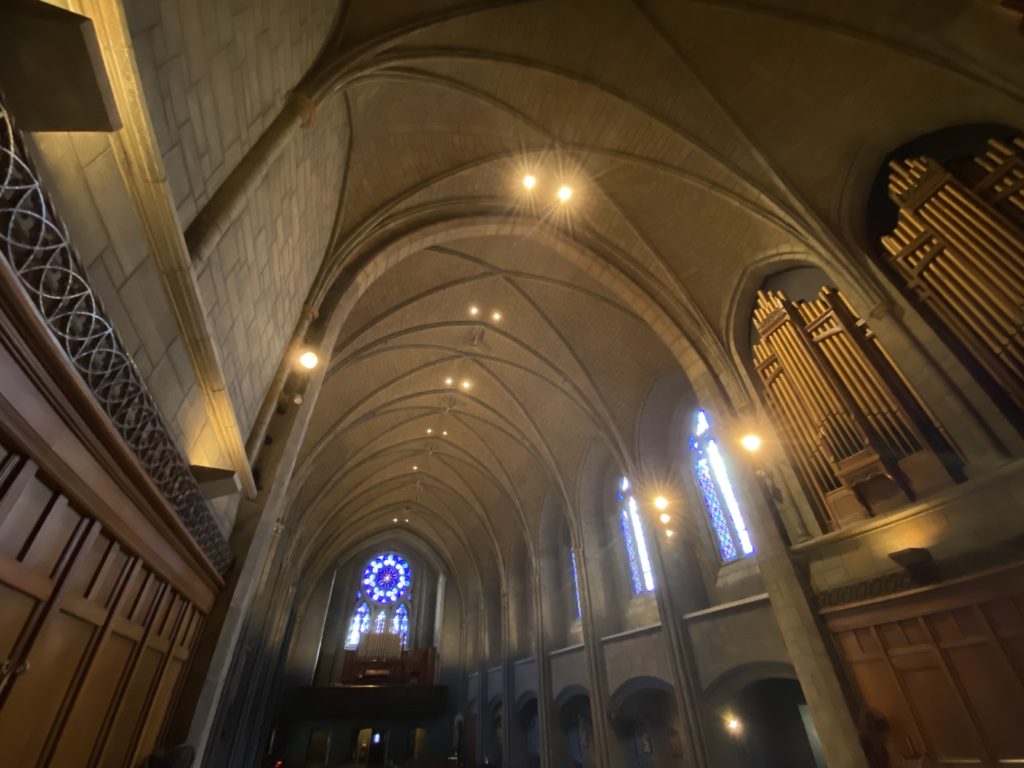 Photo of St. Clement Shrine with can lights in the ceiling