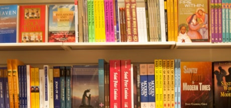 Books on shelves inside the St. Francis Chapel Gift Shop and Bookstore