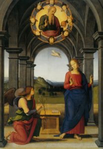 The archangel Gabriel kneels before Mary as the Father sends the Holy Spirit upon her, conceiving the Son in her womb.