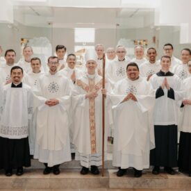 The Oblates of the Virgin Mary pose for a group picture at Fr. Jonathon Hank's and Fr. Jorge Sanchez's priestly ordination.