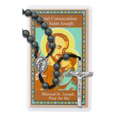 St. Joseph Hematite Rosary w/Prayer Card