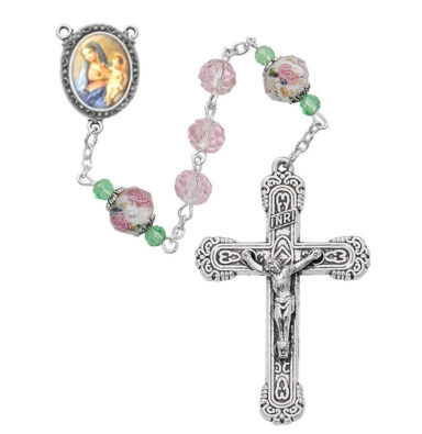 "Two Hearts" Pink Crystal Rosary w/ Floral OF Beads