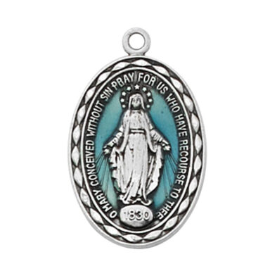 Sterling Silver Miraculous Medal, Blue (gift included)