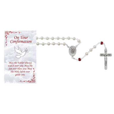 Pearl/Red Confirmation Rosary with Prayer Card