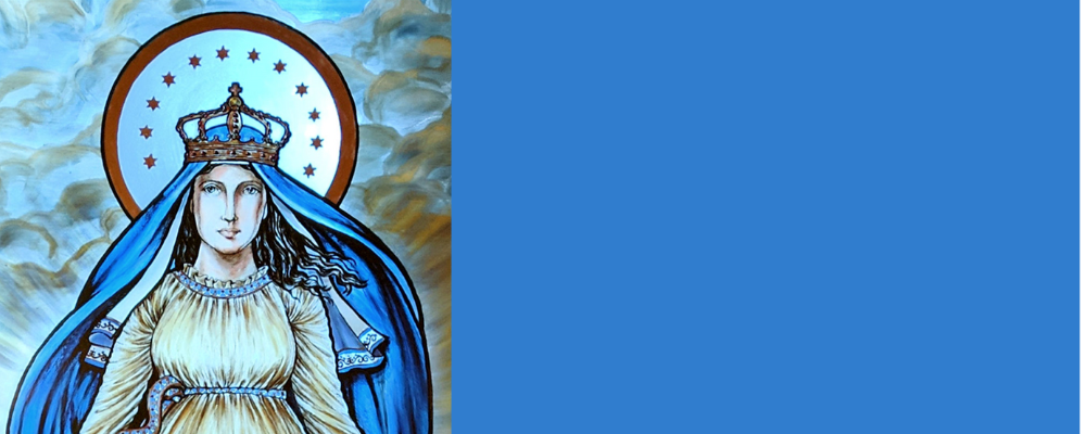 A stained glass image of the Virgin Mary with a crown on her head on a blue background