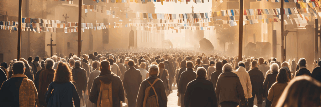 A crowd of pilgrims walks toward a church