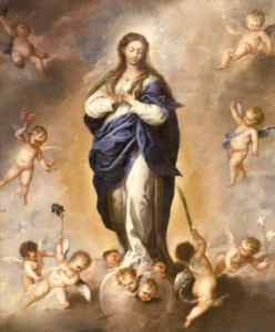 An image depicting the Blessed Virgin Mary surrounded by angels in Heaven