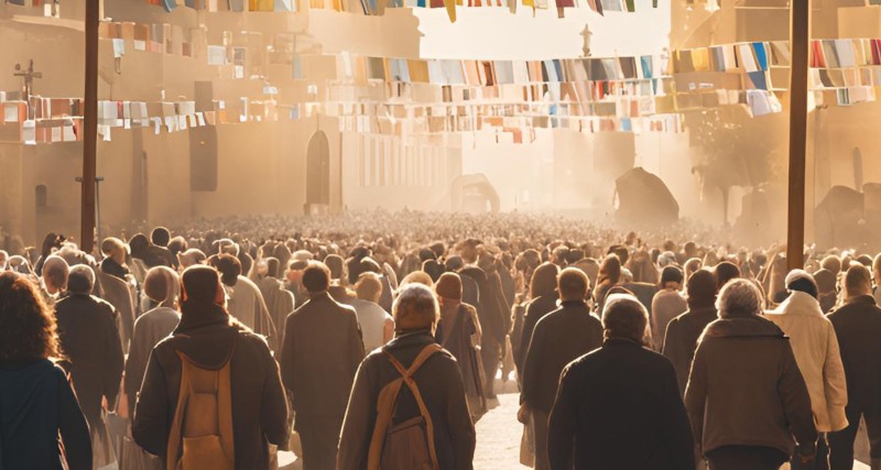 A crowd of pilgrims walks toward a church