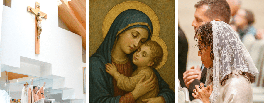 A photo of a priest with raised hands standing below a crucifix and beside a crowned statue of Mary, a painting of the Virgin Mary holding baby Jesus, and a photo of a woman wearing a veil over her hair with her hands folded in prayer