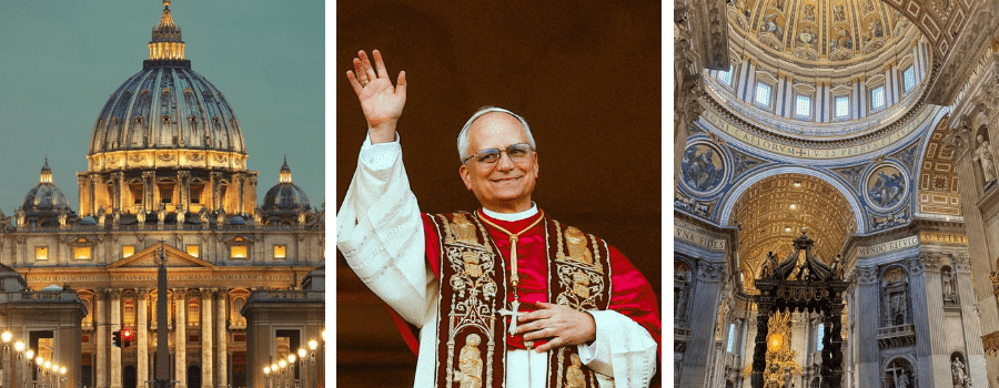 A photo of Pope Leo waving appears between two photos of St. Peter's Basilica, one of the exterior and one of the interior