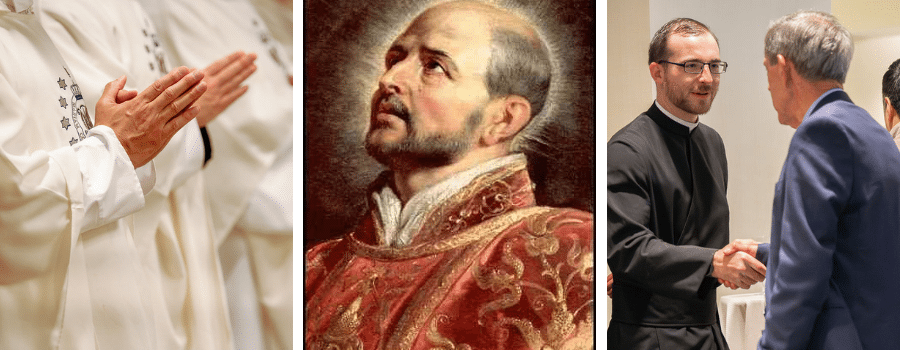 A photo of two priests' hands folded in prayer, an image of St. Ignatius of Loyola, and a photo of a seminarian shaking hands with a man