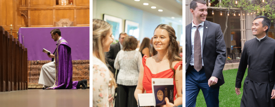A photo of a priest kneeling in prayer at a Station of the Cross, a photo of two woman talking at the OMV Gala, and a photo of two seminarians laughing and walking together